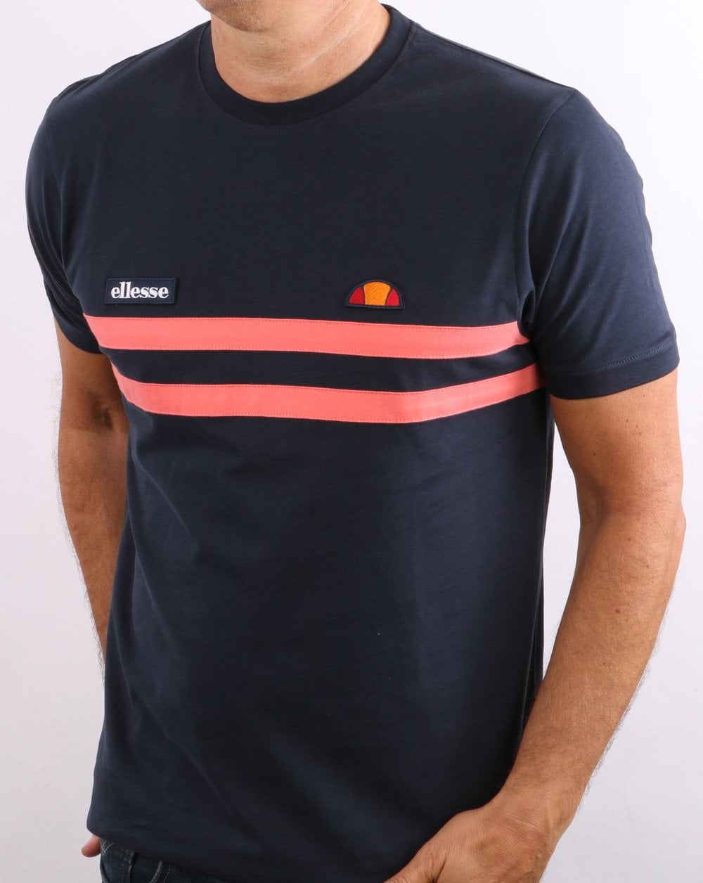 Ellesse Two Stripe T Shirt Navy/Coral