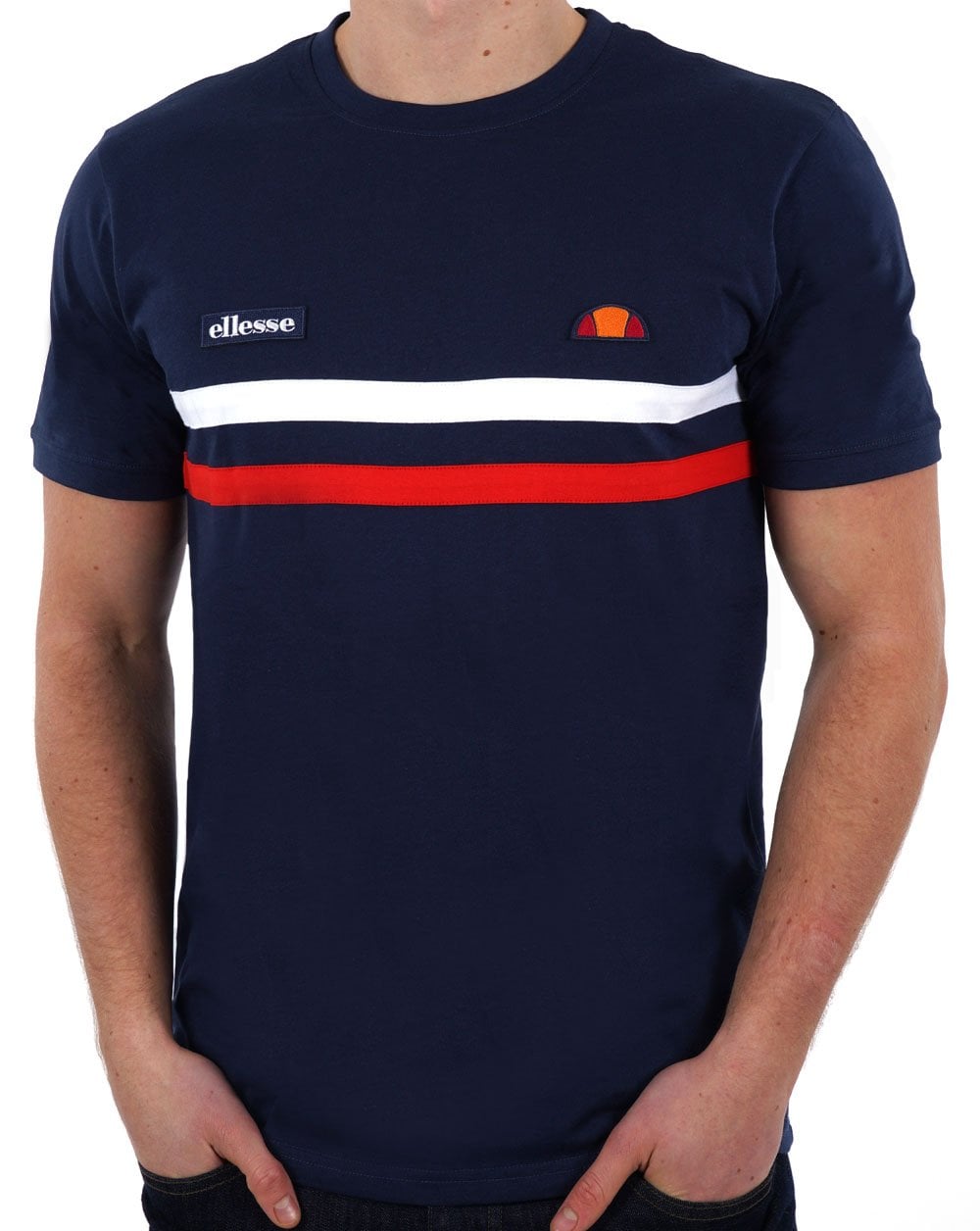 Ellesse Two Stripe T Shirt Navy/White/Red