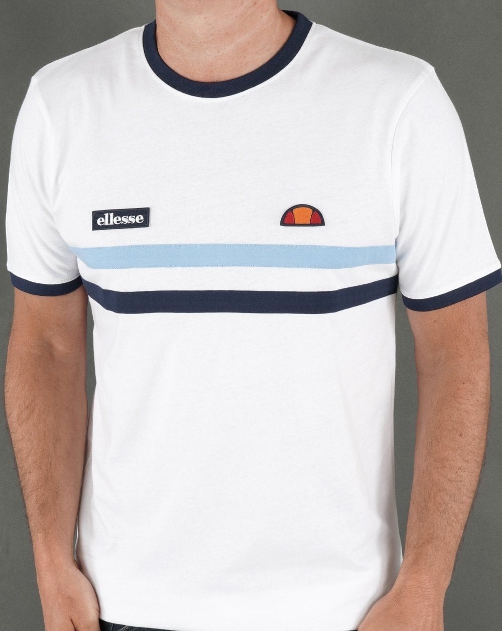 Ellesse Two Stripe T Shirt White/Sky/Navy