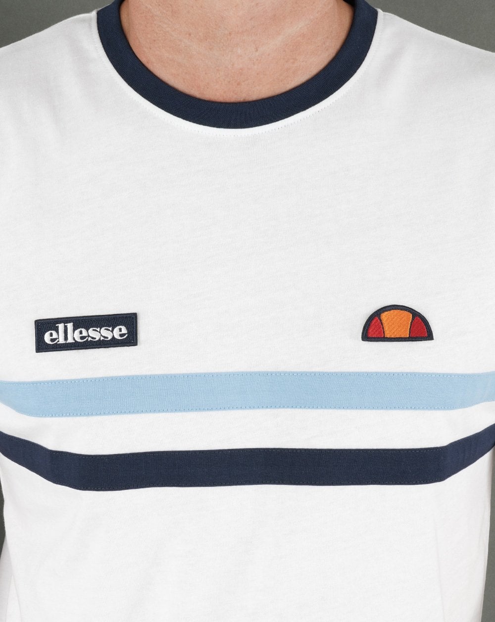 Ellesse Two Stripe T Shirt White/Sky/Navy