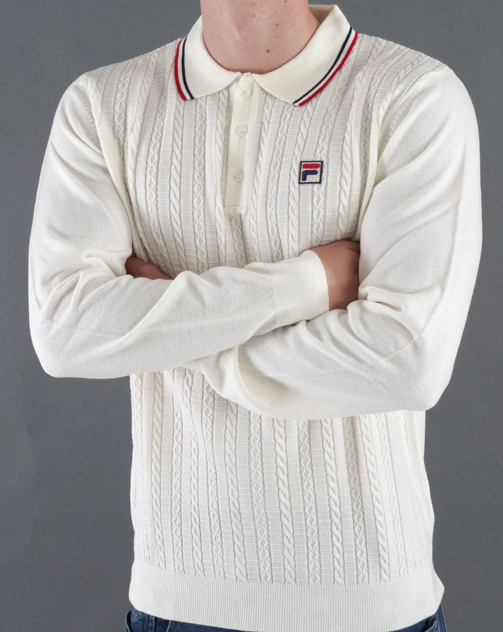 Fila Vintage Cable Knit Polo Off White