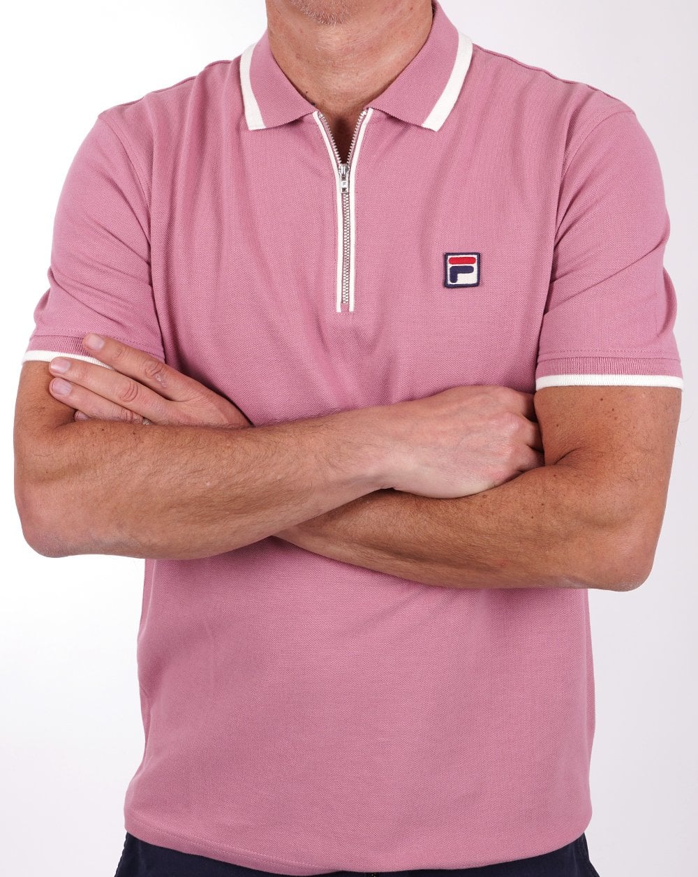 Fila Vintage Tipped Zip Polo Shirt Deep Pink