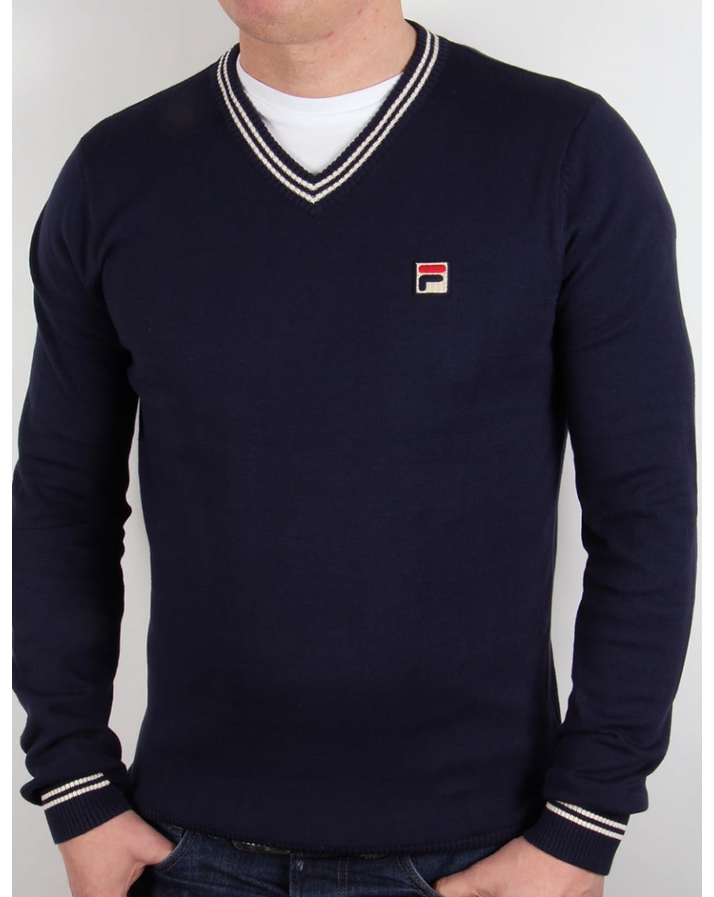 Fila Vintage V Neck Sweater Navy/White