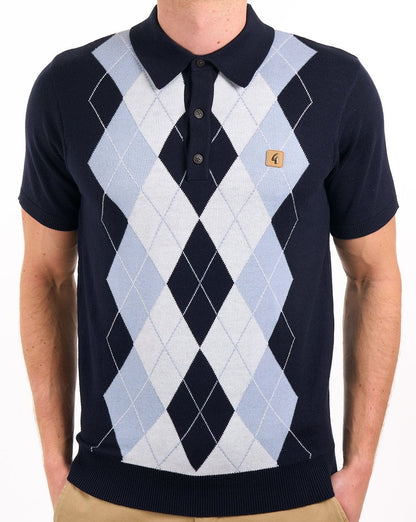 Gabicci Vintage Argyle Diamond Knit Polo Navy Sky White