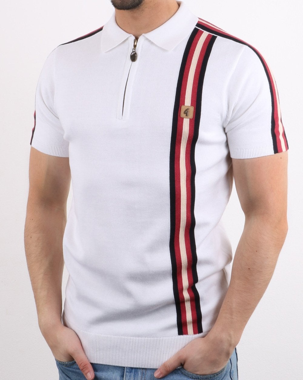 Gabicci Vintage Langton Zip Neck Knitted Polo White