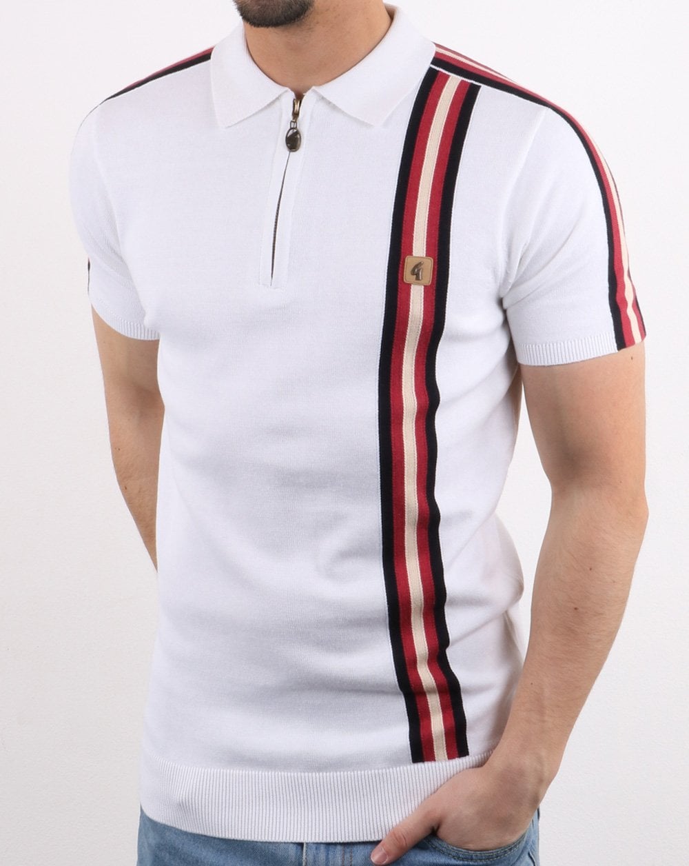 Gabicci Vintage Langton Zip Neck Knitted Polo White